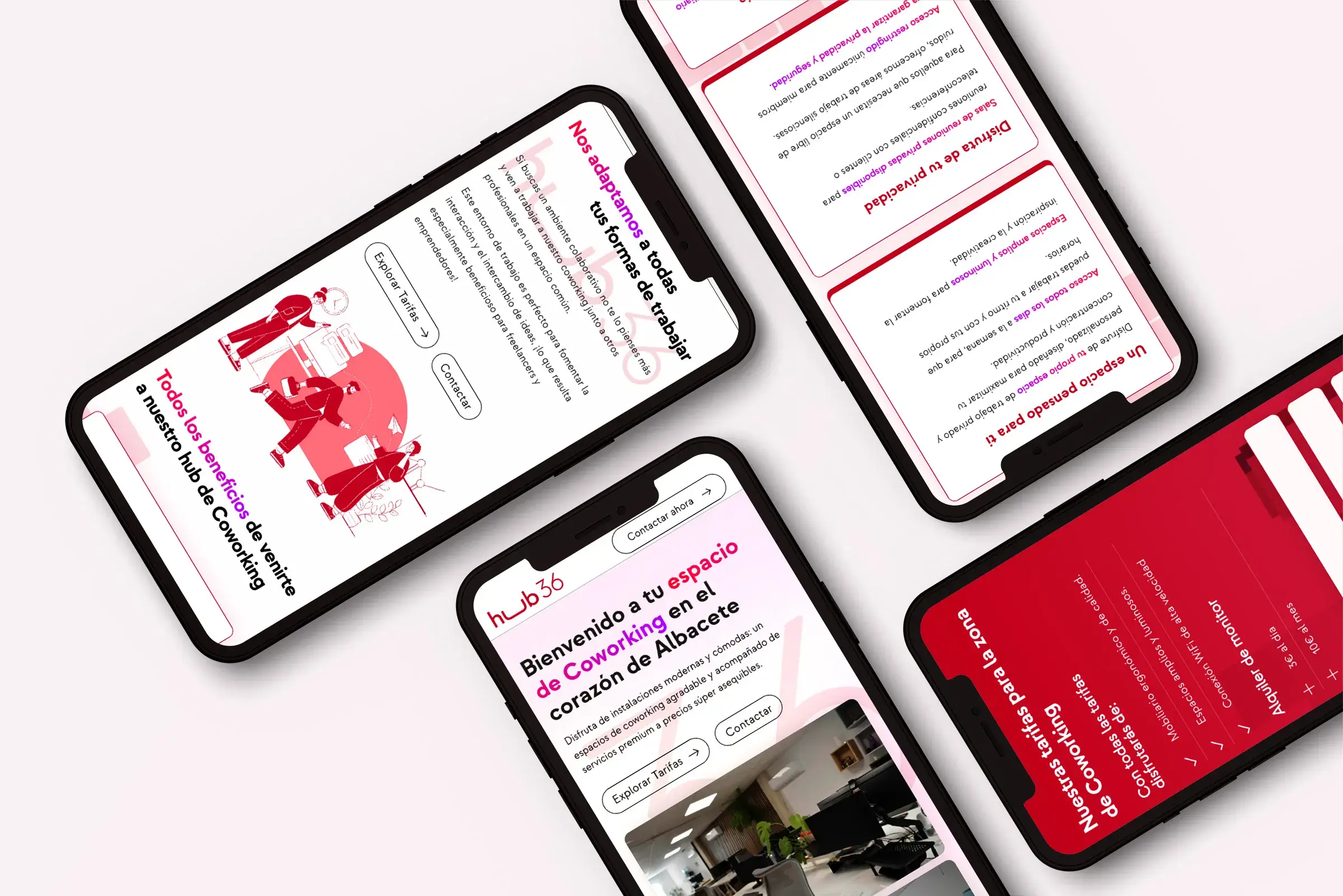 Mock-up móvil del rediseño de la landing page de Hub36, mostrando el diseño actualizado con navegación intuitiva y contenido optimizado para coworking en Albacete.