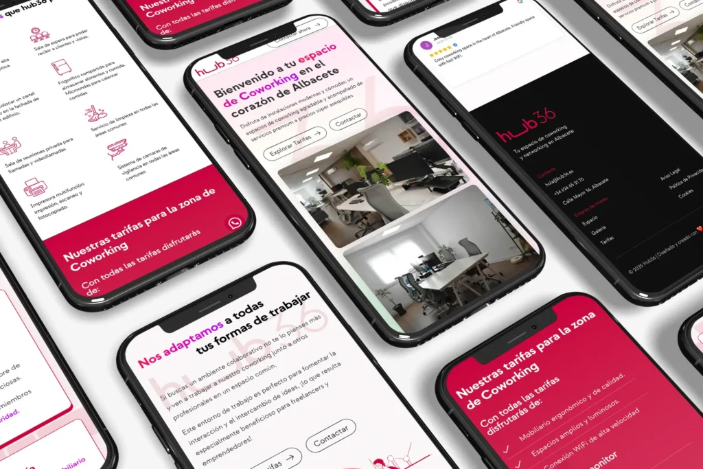 Mock-up en formato móvil del rediseño de la landing page de Hub36 para 2025, con vistas de secciones clave como tarifas, espacios de coworking e información de contacto y servicios ofrecidos, diseñado para ofrecer una experiencia de usuario moderna y efectiva.