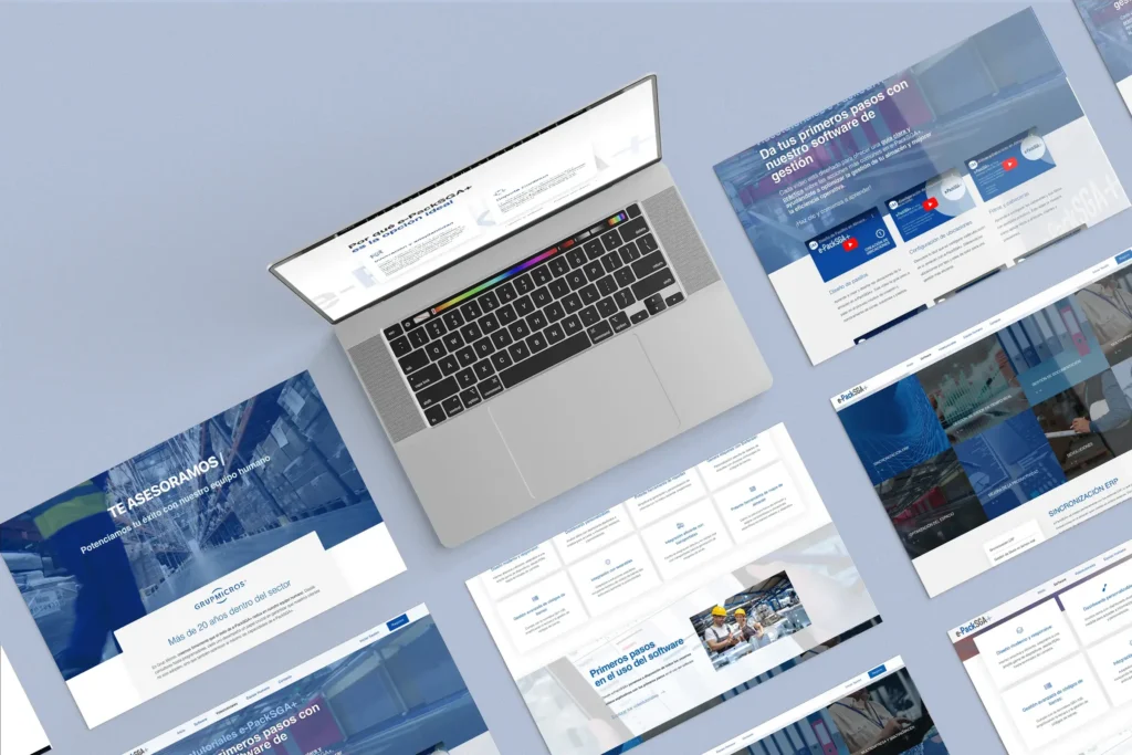 Collage del sitio web de e-PackSGA, destacando diseño de tutoriales, asesoramiento y funcionalidades principales para el sistema de gestión de almacenes.