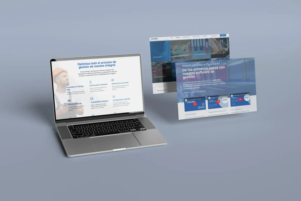 Vista de pantallas principales de e-PackSGA en un diseño responsivo y moderno para sistemas de gestión de almacenes.