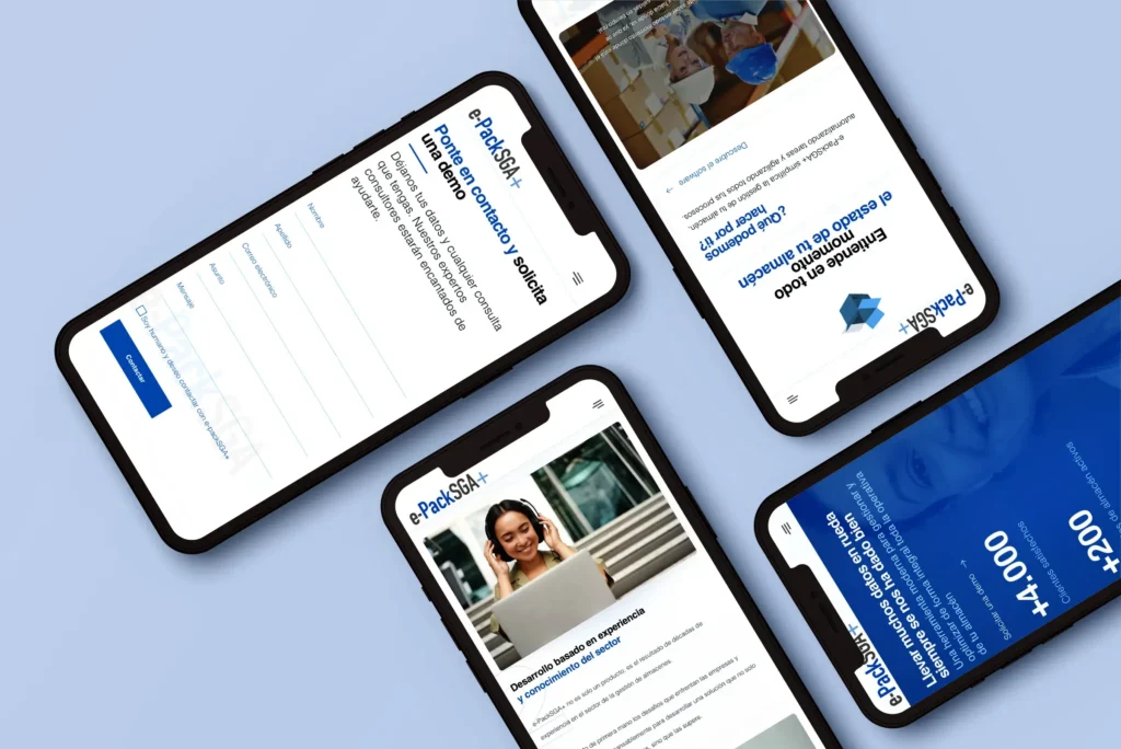 Mock-up móvil del diseño web de e-PackSGA, destacando las secciones de contacto, funcionalidades y beneficios para una navegación fluida.