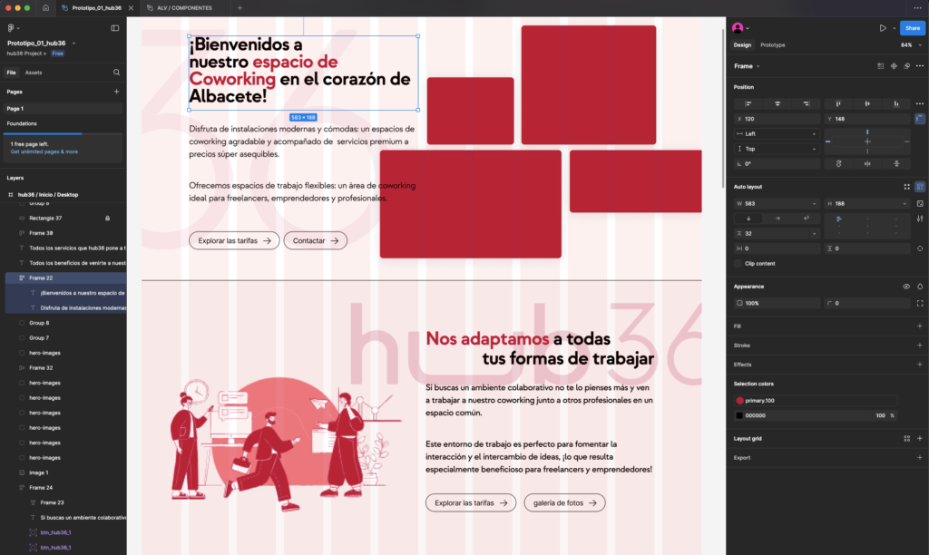 Proceso de diseño en Figma para la landing page de Hub36, mostrando la estructura del encabezado y el contenido principal para mejorar la experiencia del usuario.