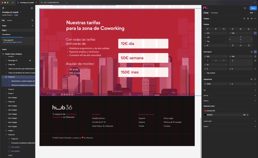 Proceso en Figma mostrando el diseño de la sección de tarifas y pie de página de la landing page de Hub36, enfocado en claridad visual y funcionalidad.